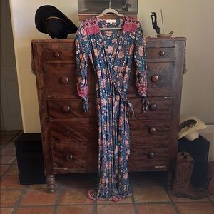 Natalie Martin, Kate Long Sleve Maxi Floral Wrap Dress with Pink Accents